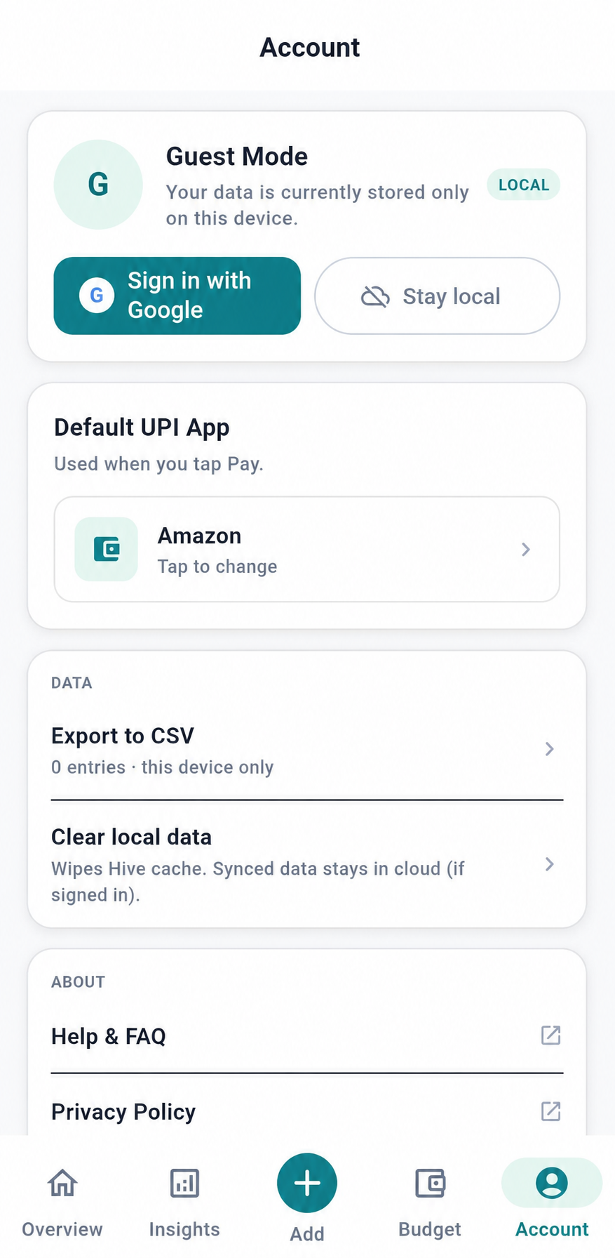 PayPause account screen showing guest mode, default UPI app, local data controls, and support links