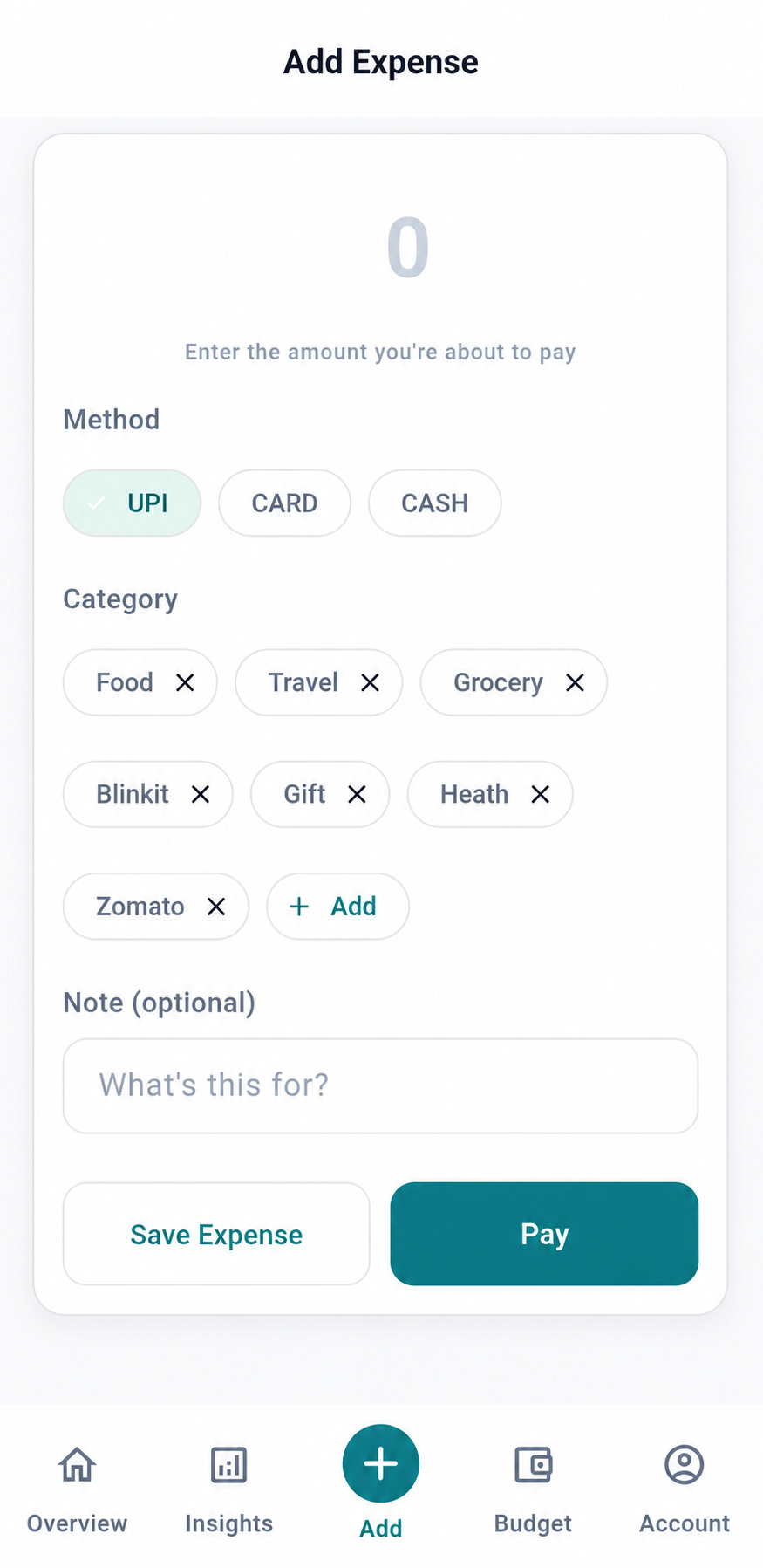 PayPause add expense screen with amount, payment method, category, note, save, and pay options